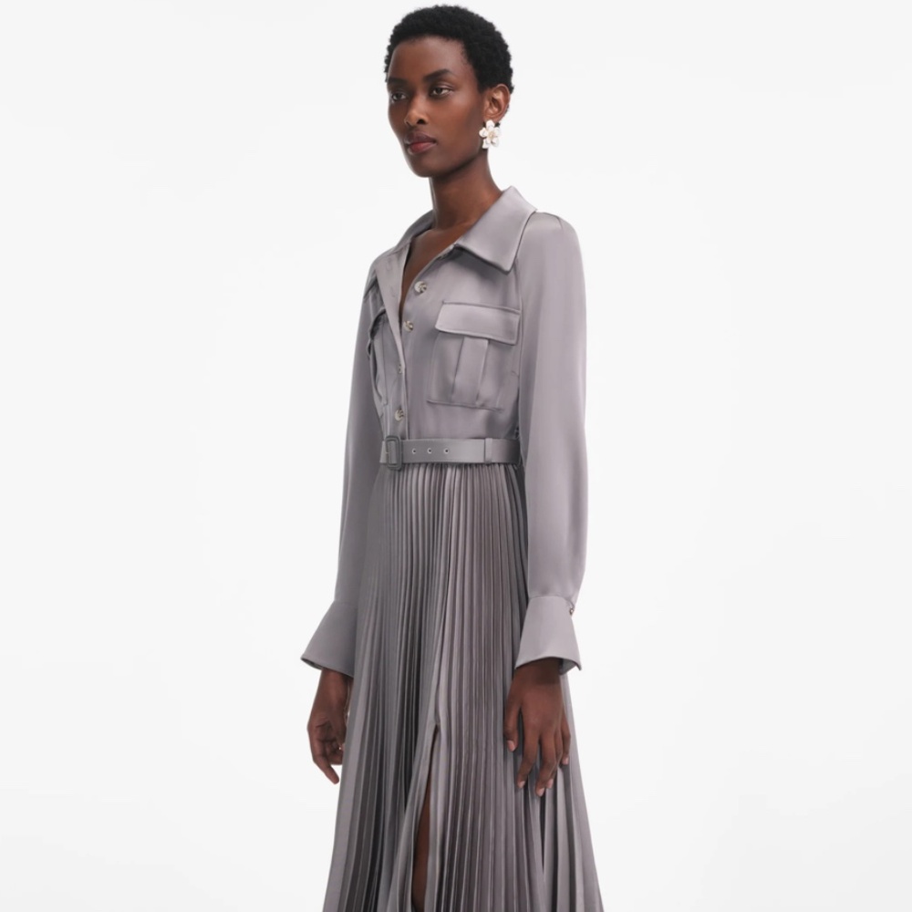 self-portrait Grey Satin Pleated Maxi Dress - Size US0 - MSRP $765 - NWT - Picture 2 of 8